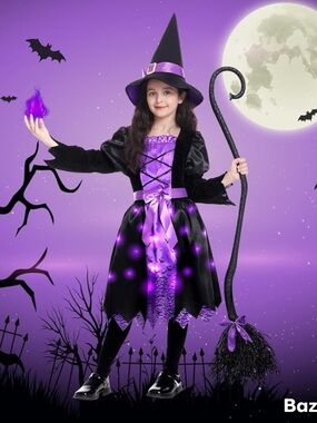 Girls Sz S Light Up Halloween Witch Costume W/ Bows , Hat, And Broom Poshetion